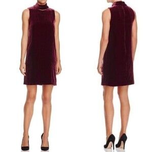 NEW Theory Silk Velvet Slit Collar Mini Shift Dress Wine Currant Minimal Glam 0